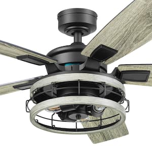 Carnegie 52 in. LED Oak Wood Caged Indoor Ceiling Fan with Remote Control, Dual Mounting Options & 5 Dual Finish Blades