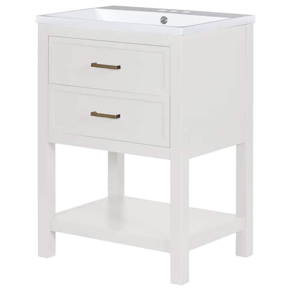 Zeus & Ruta 24 in. W x 18 in. D x 34.1 in. H Single Sink Bath Vanity in White with White Resin Top and Two Drawers