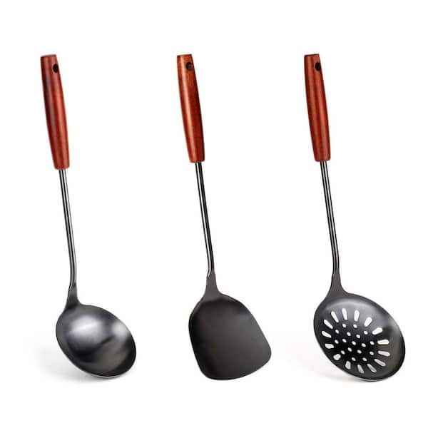 17 in. Wok Spatula and Ladle, Skimmer Ladle Tool Set, Spatula for Wok, 304 Stainless Steel Wok Spatula, Black