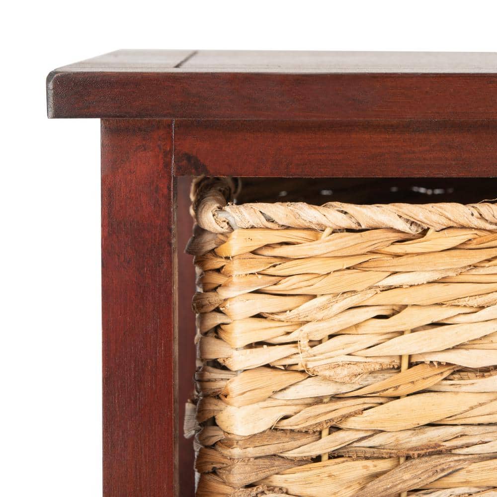 Transitional Brown Pine Wood Side Table with 3 Rattan Drawers