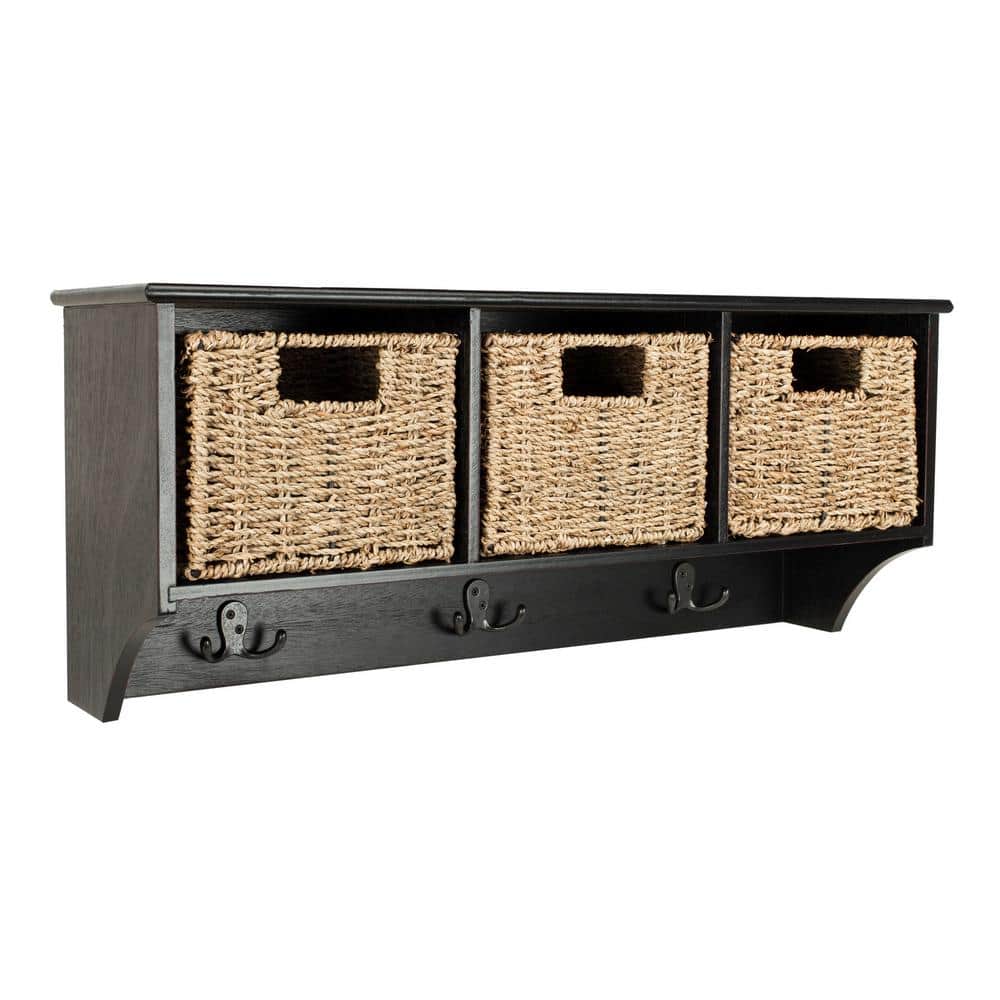 Black Pine Wall Hook Rack with 3 Wicker Baskets