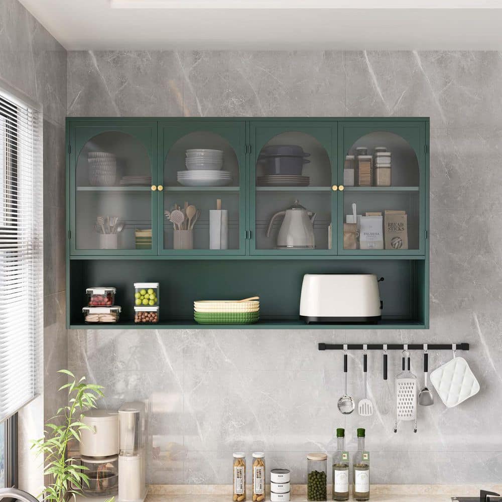 47 in. W x 9 in. D Dark Green Solid Wood Wall Cabinet Storage with Arched D