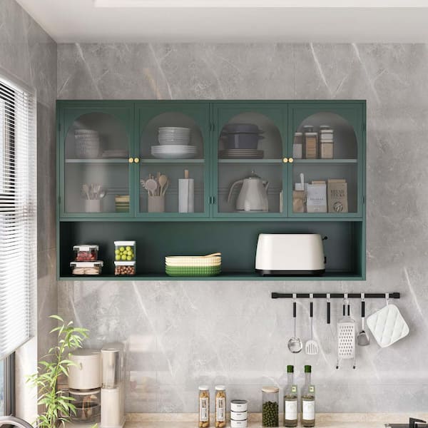 47 in. W x 9 in. D Dark Green Solid Wood Wall Cabinet Storage with Arched Door Wall-Mount Cabinet Decorative Wall Shelf