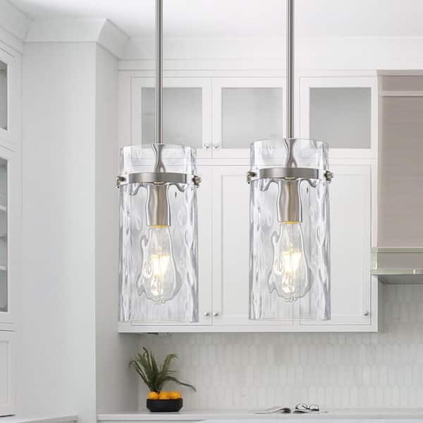 Brushed Nickel Water Ripple Glass Pendant Lights 2-Pack for Kitchen Island, Modern Mini Hanging Ceiling Light
