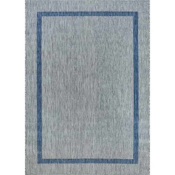 Waikiki Grey/Blue 9 ft. x 12 ft. Bordered Indoor Outdoor Area Rug