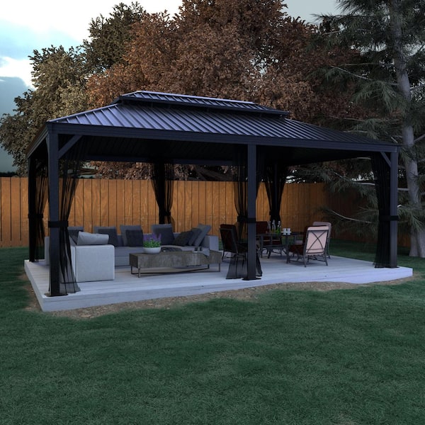 12 ft. x 20 ft. Aluminum Hardtop Gazebo with Galvanized Double Roof and Textilene Netting