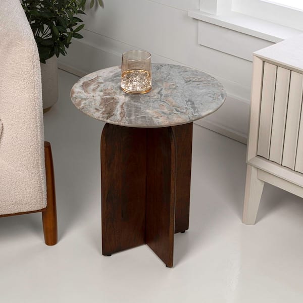 Naomi 15.75 in. Rustic Minimalist Round Marble/Wood X-Base Accent Table, White Marble/Walnut Wood
