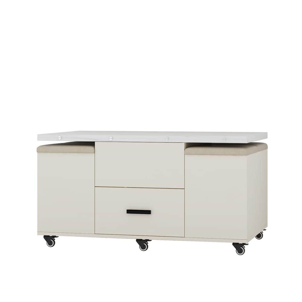 White Wood Lift-Up Folding Outdoor Coffee Table with 4 Stools Set with Cush