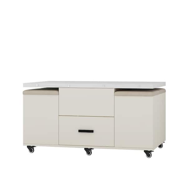 Unbranded White Wood Lift-Up Folding Outdoor Coffee Table with 4 Stools Set with Cushions, Expandable 1 Hidden Storage, 2 Drawers