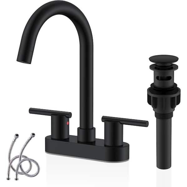Pdpbath 4 in. Centerset Double Handle Bathroom Faucet with Pop Up Drain and Water Supply Lines in Matte Black