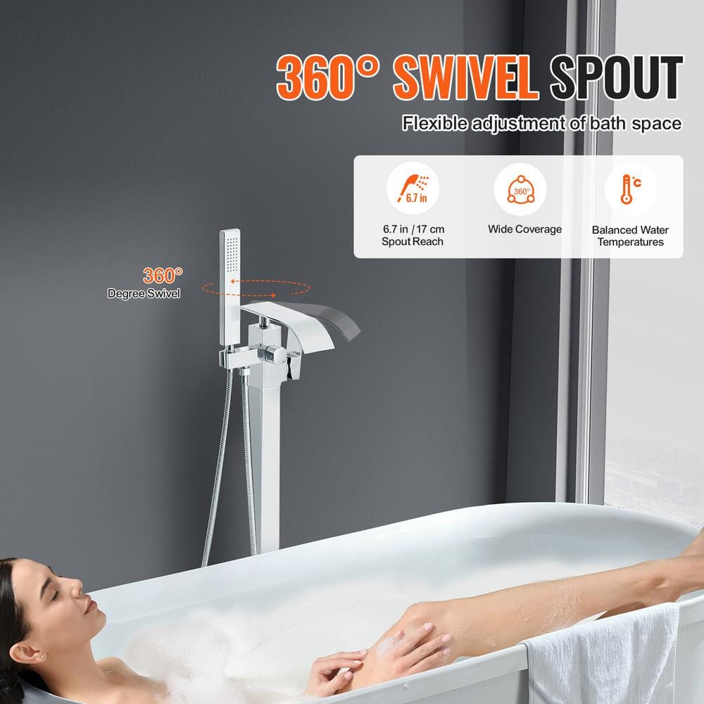 Polished Chrome Freestanding Bathtub Faucet with Handheld Shower