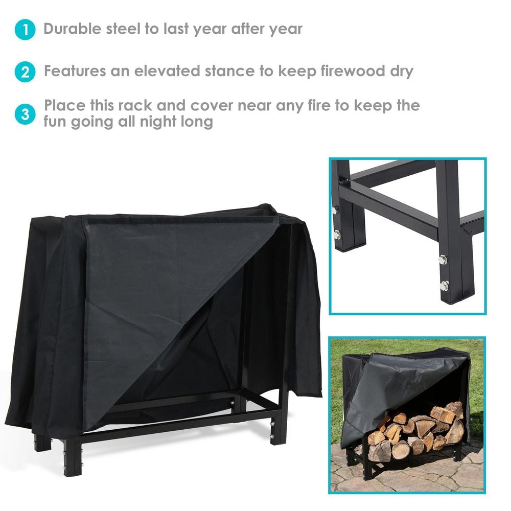 Black Steel Indoor/Outdoor Firewood Log Rack with Protective Cover