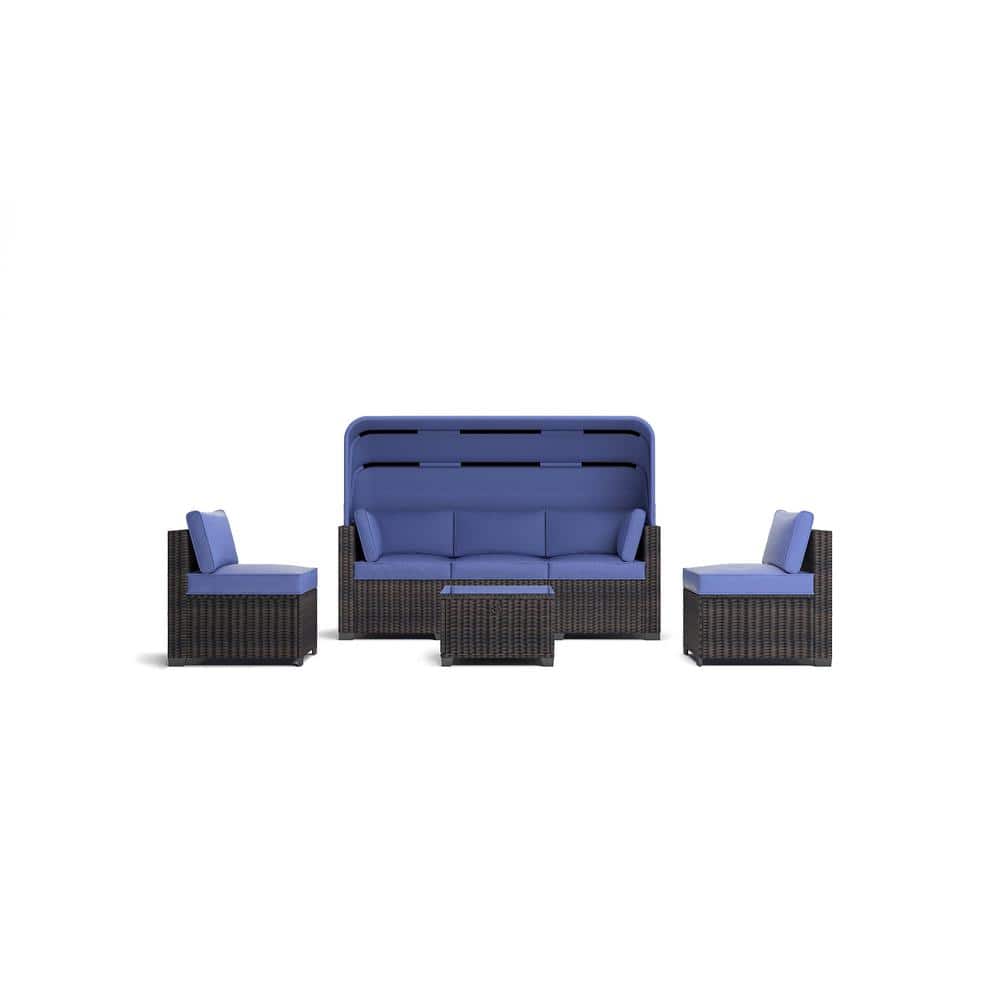6 Piece Black Wicker Outdoor Sectional Set Rattan Daybed with Blue Cushions