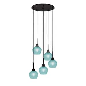Albany 60-Watt 17.75 in. 5-Light Espresso Cord Pendant Light Turquoise Textured Glass Shade No Bulbs included