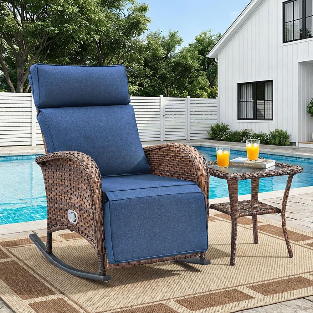 Carlos Brown 2-Piece Wicker Outdoor Rocking Recliner Sets Patio Adjustable Chaise Lounge with Blue Cushions, Side Table price history on PriceWatchPro