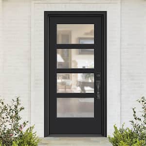 Performance Door System 36 in. x 80 in. VG 4-Lite Left-Hand Inswing Clear Black Smooth Fiberglass Prehung Front Door