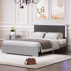 Gray Wood Frame Queen Size Platform Bed with Velvet Upholstered Headboard, LED Light
