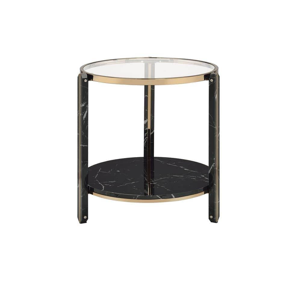 Acme Furniture 23 in. Thistle in Clear Glass, Faux Black Faux Marble and Champagne Round Mirror Top End Table