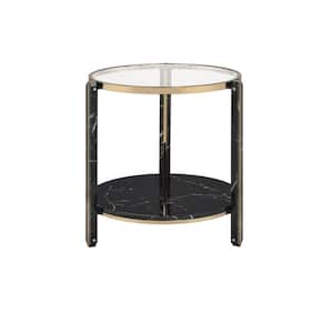 23 in. Thistle in Clear Glass, Faux Black Faux Marble and Champagne Round Mirror Top End Table