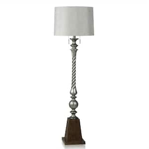 65 in. Metallic Silver, Faux Brown Wood Floor Lamp with Gray Tweed Polyresin, Polyester/Cotton Shade