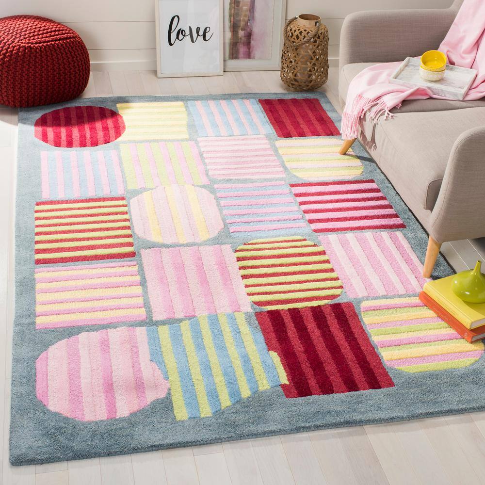 Blue Geometric Striped 4' x 6' Hand-Tufted Kids Rug