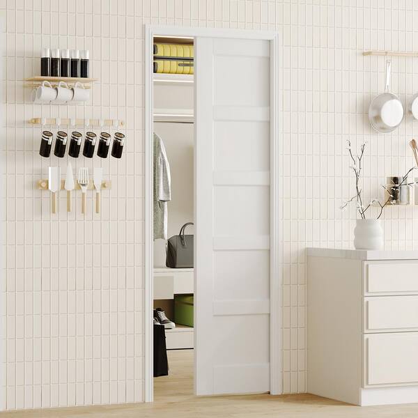 48 in. x 80 in. White Primed 5-Panel Core Pine Wood Sliding Pocket Door with Soft Close, Frame and Hardware Kit Set