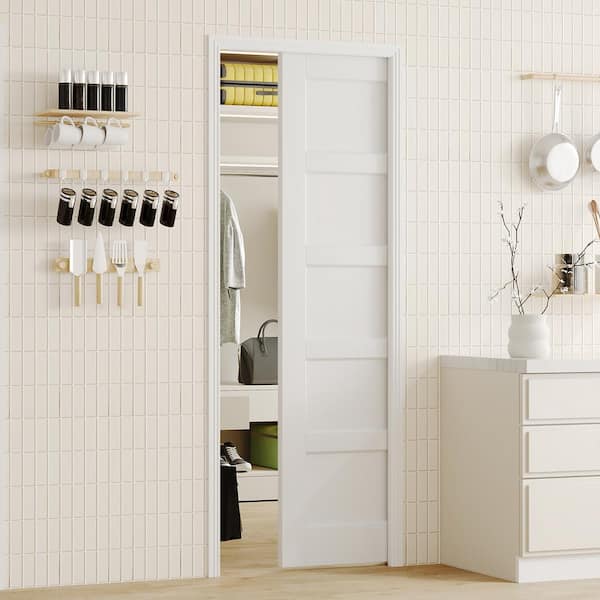 28 in. x 80 in. White Primed Pine and MDF. Composite 5-Panel Core Pocket Door with Soft Close, Frame and Full Hardware