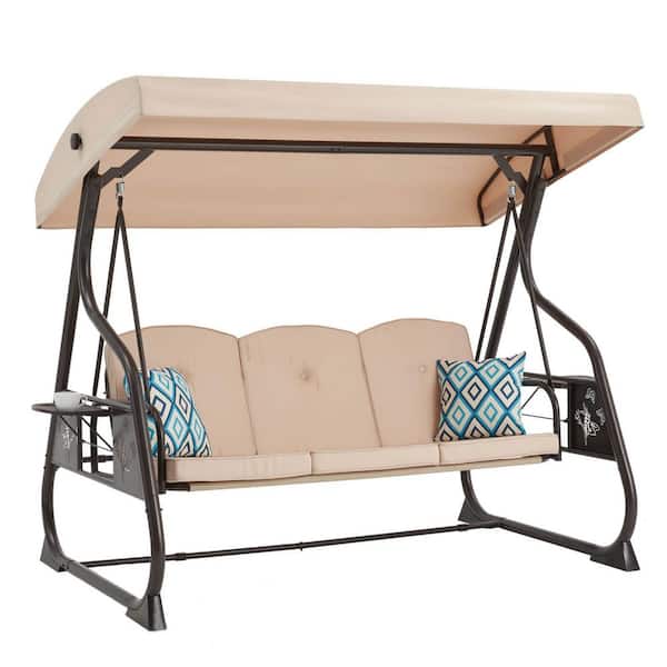 3-Seat Patio Porch Swing 800 lbs. Outdoor Swing with Stand w/ Canopy and Adjustable Backrest Patio Glider Chair (Khaki)