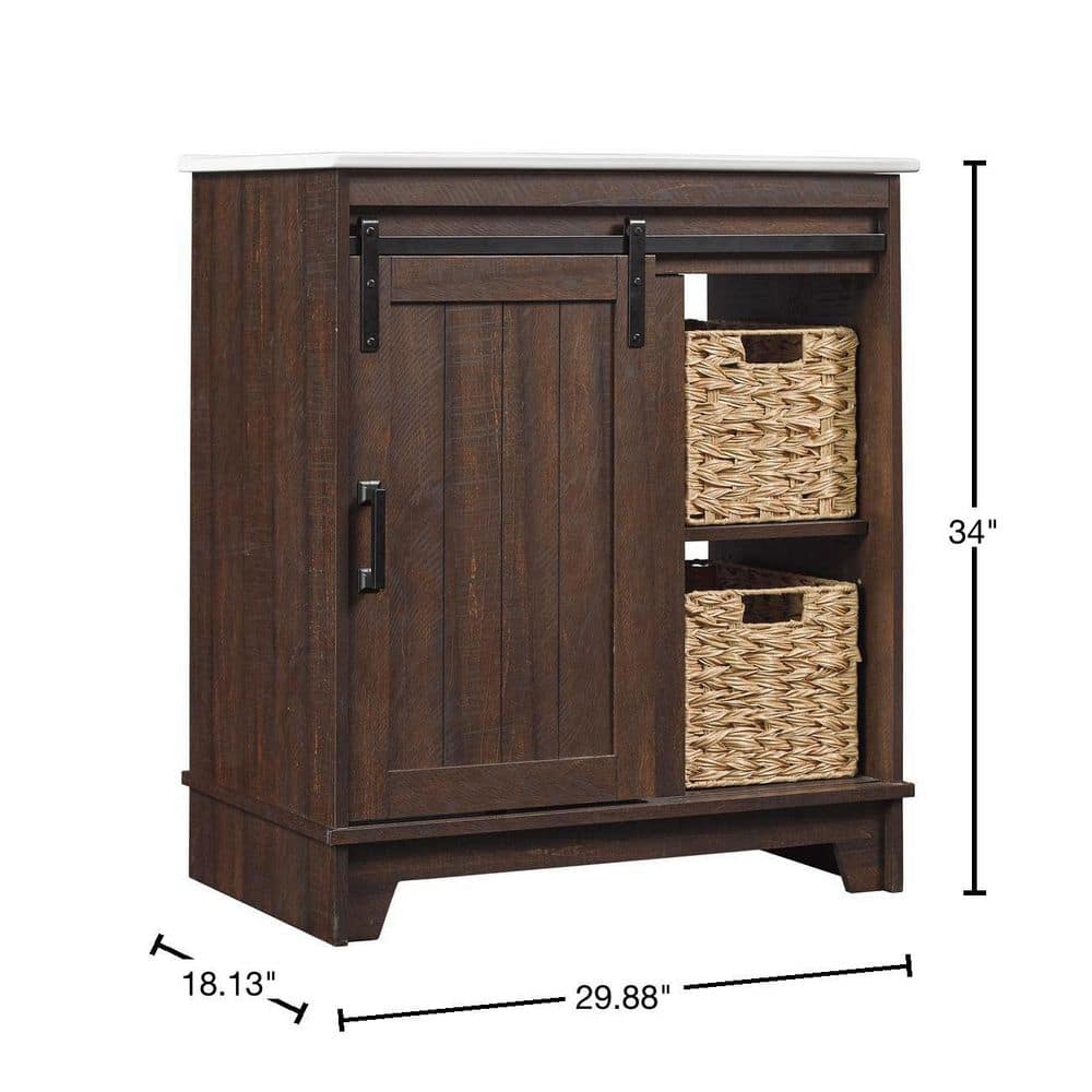 Antique Brown Cherry 30" Farmhouse Sliding Barn Door Bathroom Vanity