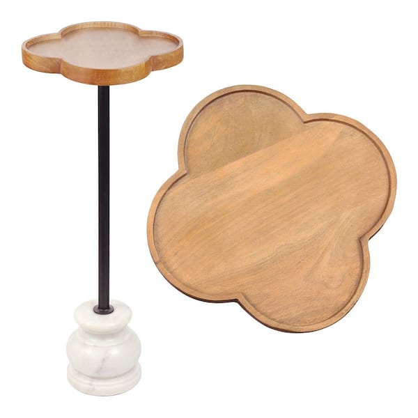 Colby 10 in. Classic Cottage Specialty Wood/Metal Drink Table with Quatrefoil Top and White Marble Base, Natural/Black