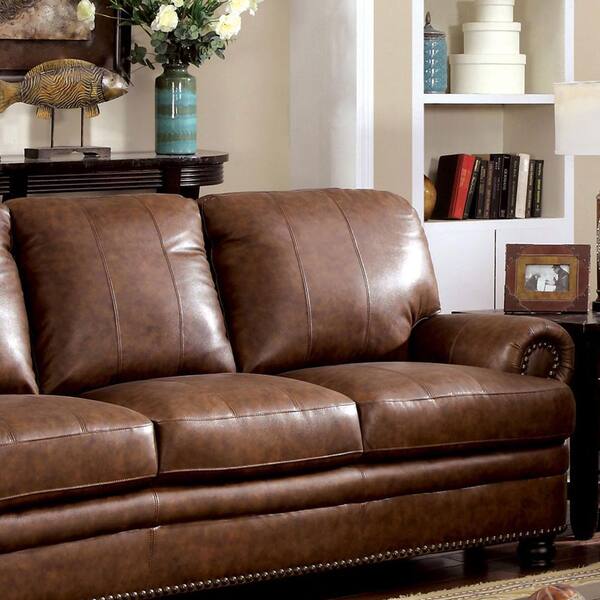 Nailhead Trim Leather Sofa 3 Seater Dark Brown Living Room Couch 