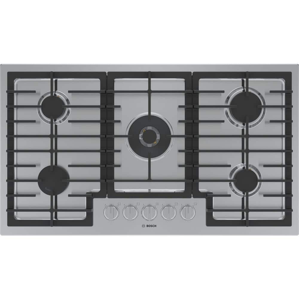 Bosch 800 Series 36 in. Gas Cooktop in Stainless Steel with 5 FlameSelectÂ® Burners including 17,000 BTU Dual-Flame Burner, Silver
