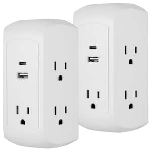 5-Outlet Grounded Wall Tap Surge Protector Adapter with 2 USB Ports, USB-A and C, White, (2-Pack)