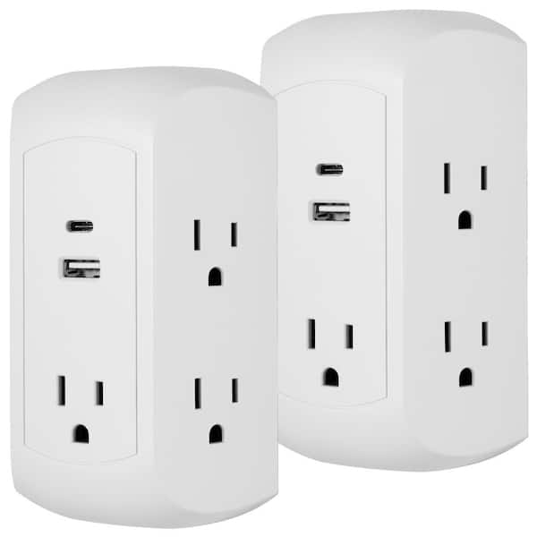GE 5-Outlet Grounded Wall Tap Surge Protector Adapter with 2 USB Ports, USB-A and C, White, (2-Pack)