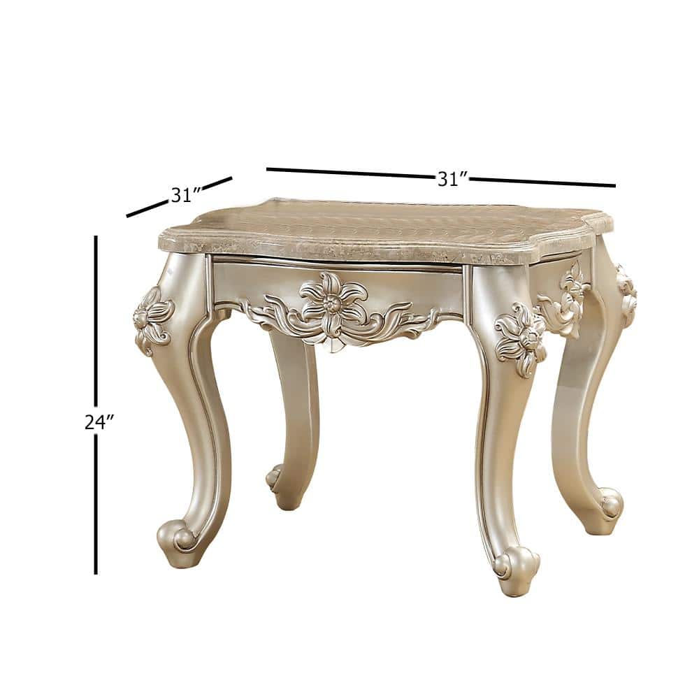 Silver Marble Top End Table with Floral Motif and Wood Legs