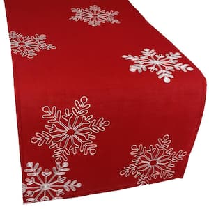 15 in. x 108 in. Christmas Red Table Runner Embroidered With White Snowflakes