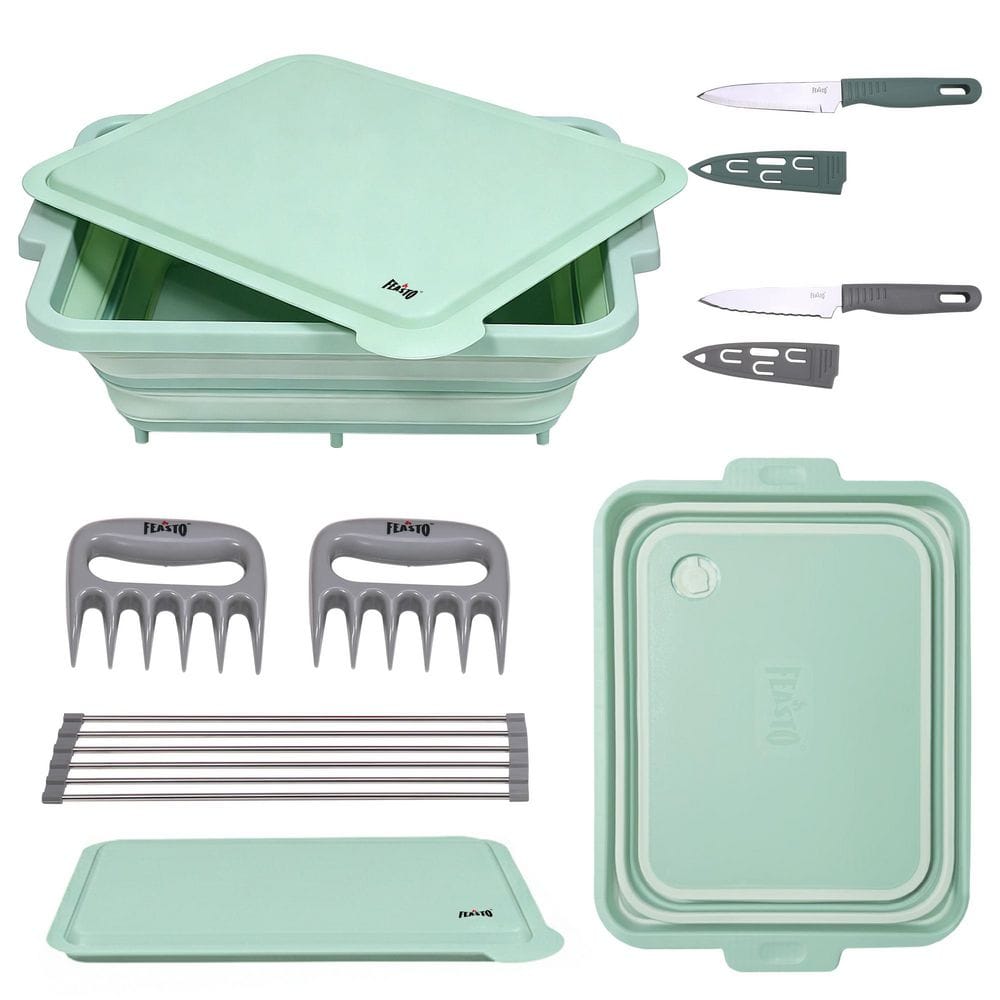 FEASTO 9-Piece Multifunctional Collapsible BBQ Prep Tub with Cutting Board, Portable Grill Tool Set, Green