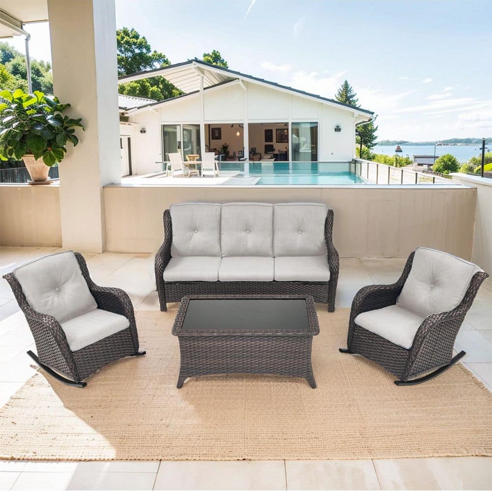 Carlos 4-Piece Brown Wicker Patio Conversation Set with Rocking Chairs, Outdoor Sofa Seating Set with Beige Cushions price history on PriceWatchPro