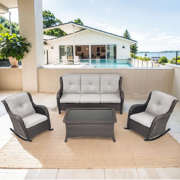 Carlos 4-Piece Brown Wicker Patio Conversation Set with Rocking Chairs, Outdoor Sofa Seating Set with Beige Cushions