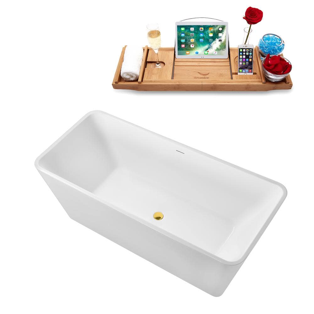 67" Glossy White Acrylic Freestanding Soaking Tub with Polished Gold Trim