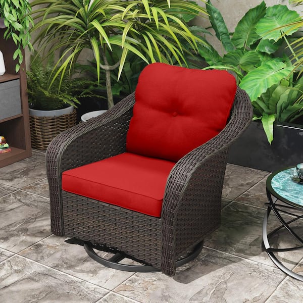 2-Piece Wicker Outdoor Rocking Chair Patio Swivel Chairs with Red Cushions