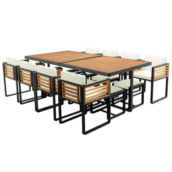 HomeAura 18-Piece Acacia Wood Patio Outdoor Dining Set with 8 Ottomansand 8 Chairs with Beige Cushions
