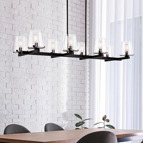 8-Light Blackened Bronze Kitchen Island Linear Pendant with Glass Shade