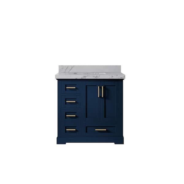 Willow Collections Boston 36 in. W x 22 in. D x 36 in. H Single Sink Bath Vanity Center in Navy Blue with 2 in. Venatino Qt. Top