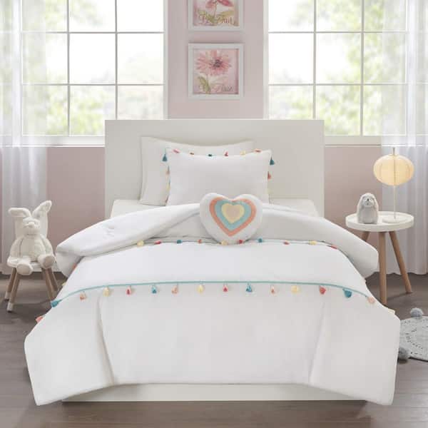 Tanya 3-Piece White Twin Tassel Comforter Set