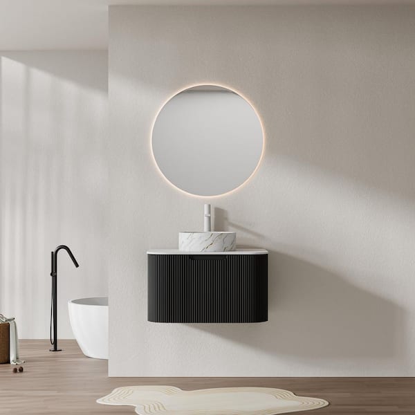 Baye 24 in. W Floating Black Bath Vanity with White Textures Ceramic Sink and Engineered Marble Top Unassembled