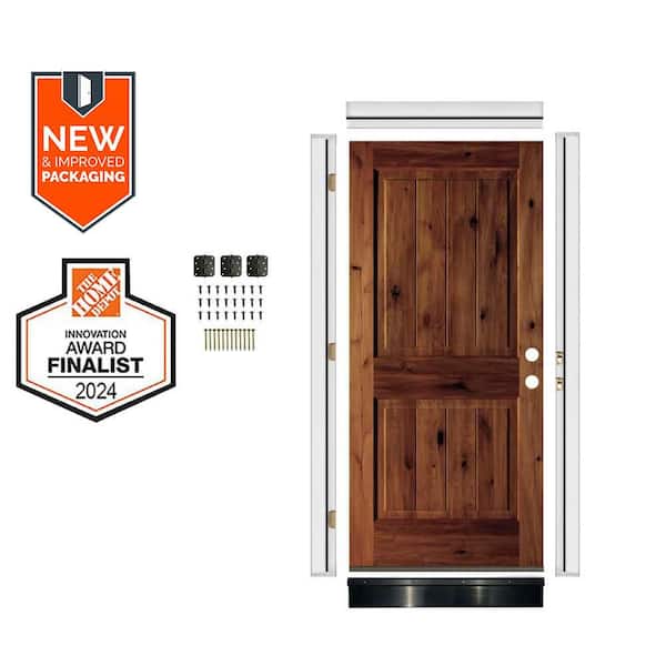 DIY 36 in. x 80 in. Knotty Alder Sq. Top VG Left-Hand Red Chestnut Stain Wood Front Door Kit w/ Quick Assemble Jamb