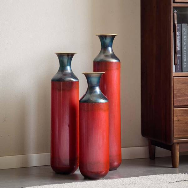 28.34 in. Red Metal Bottle Decorative Vase Set of 3,Rustic Floor