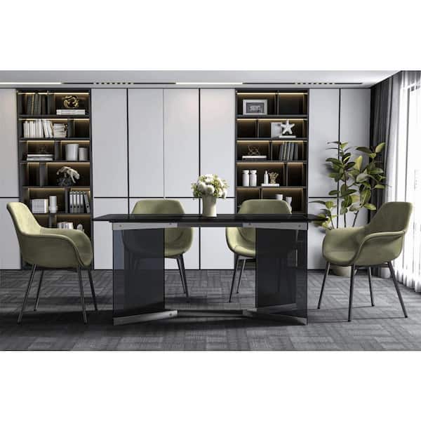 Leisuremod Oryn 55 in. Rectangular Dining Table with Glass Wide Top and Stainless Steel Double Pedestal Base in Black Seats 4