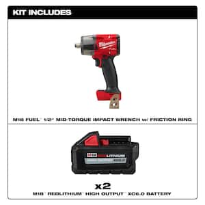 M18 FUEL Gen-2 18V Lith-Ion Brushless Cordless Mid Torque 1/2 in. Impact Wrench w/ (2) High Output 6.0 Ah Battery Pack